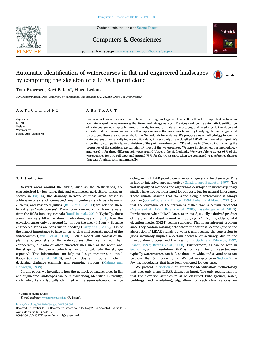 Automatic identification of watercourses in flat and engineered landscapes by computing the skeleton of a LiDAR point cloud