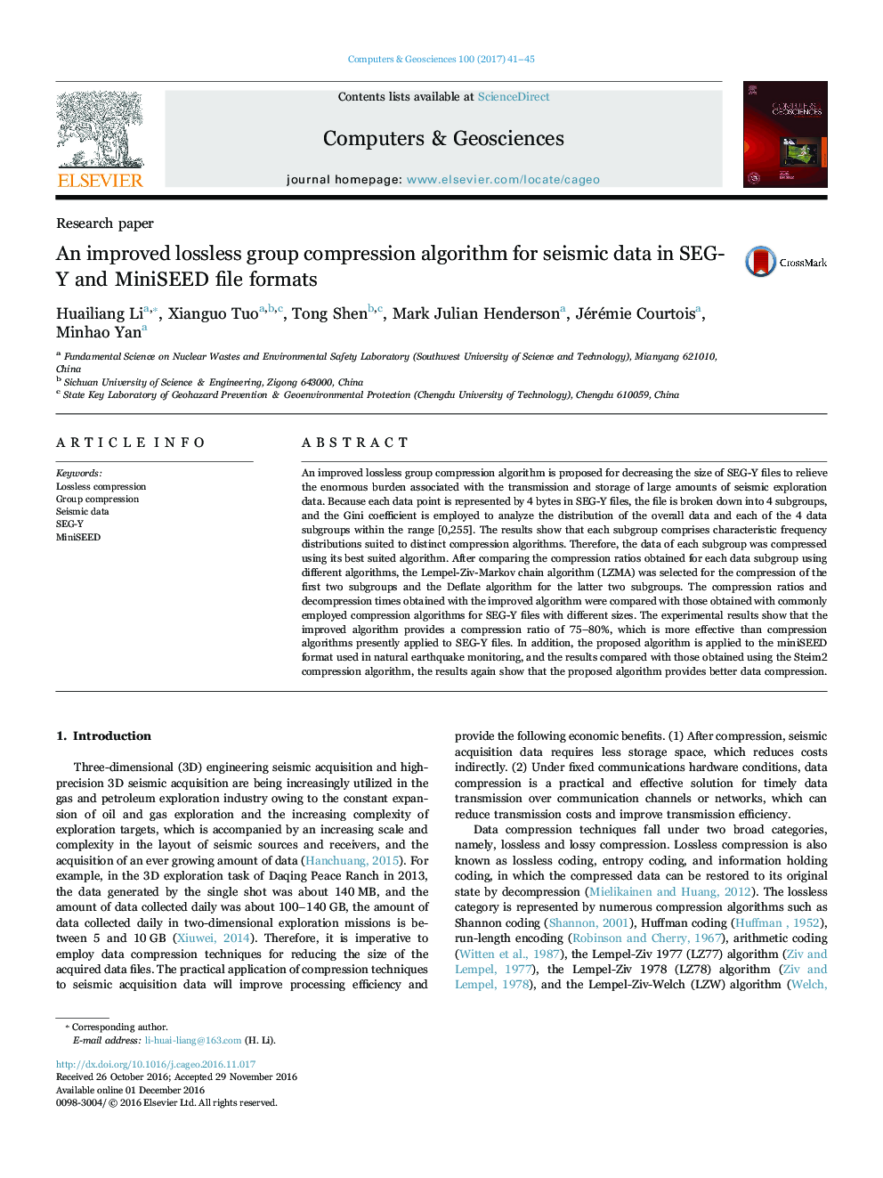 Research paperAn improved lossless group compression algorithm for seismic data in SEG-Y and MiniSEED file formats