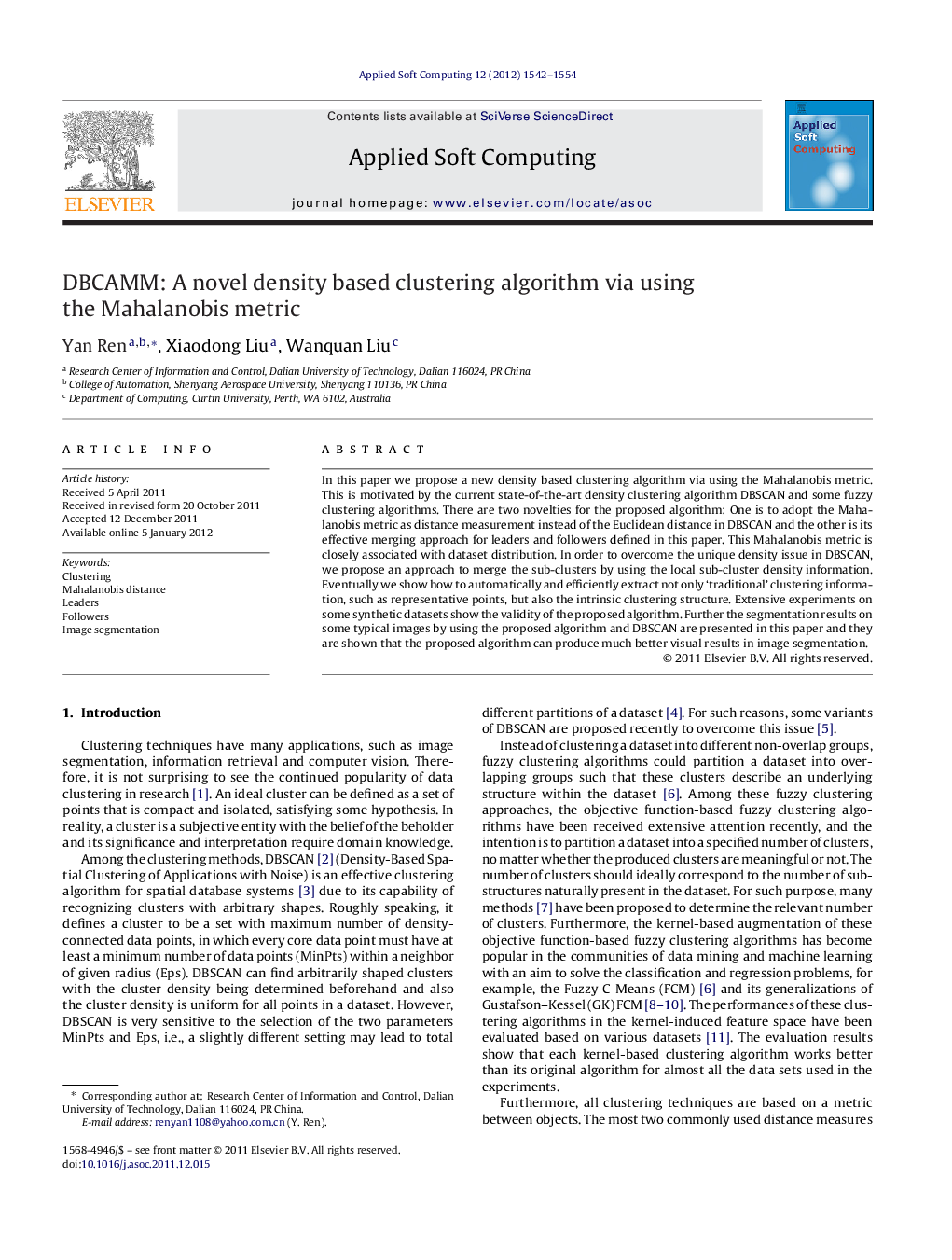 عکس صفحه اول مقاله: DBCAMM: A novel density based clustering algorithm via using the Mahalanobis metric DBCAMM: A novel density based clustering algorithm via using the Mahalanobis metric
