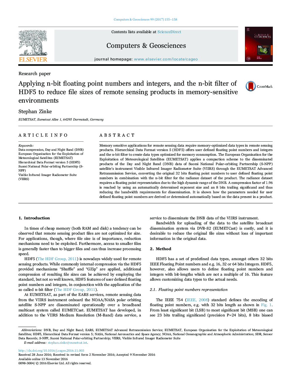 Applying n-bit floating point numbers and integers, and the n-bit filter of HDF5 to reduce file sizes of remote sensing products in memory-sensitive environments