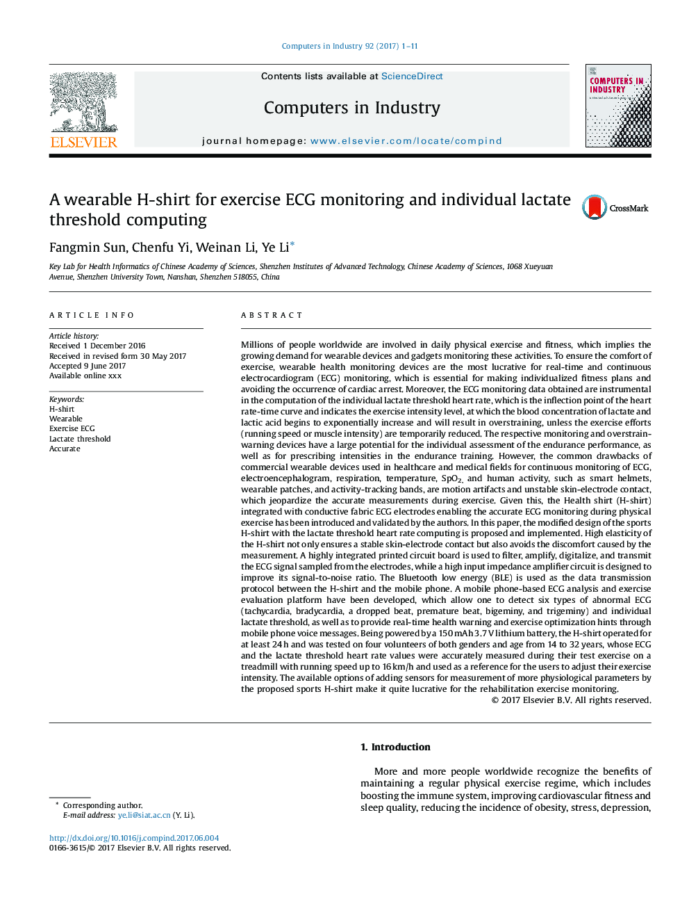 A wearable H-shirt for exercise ECG monitoring and individual lactate threshold computing