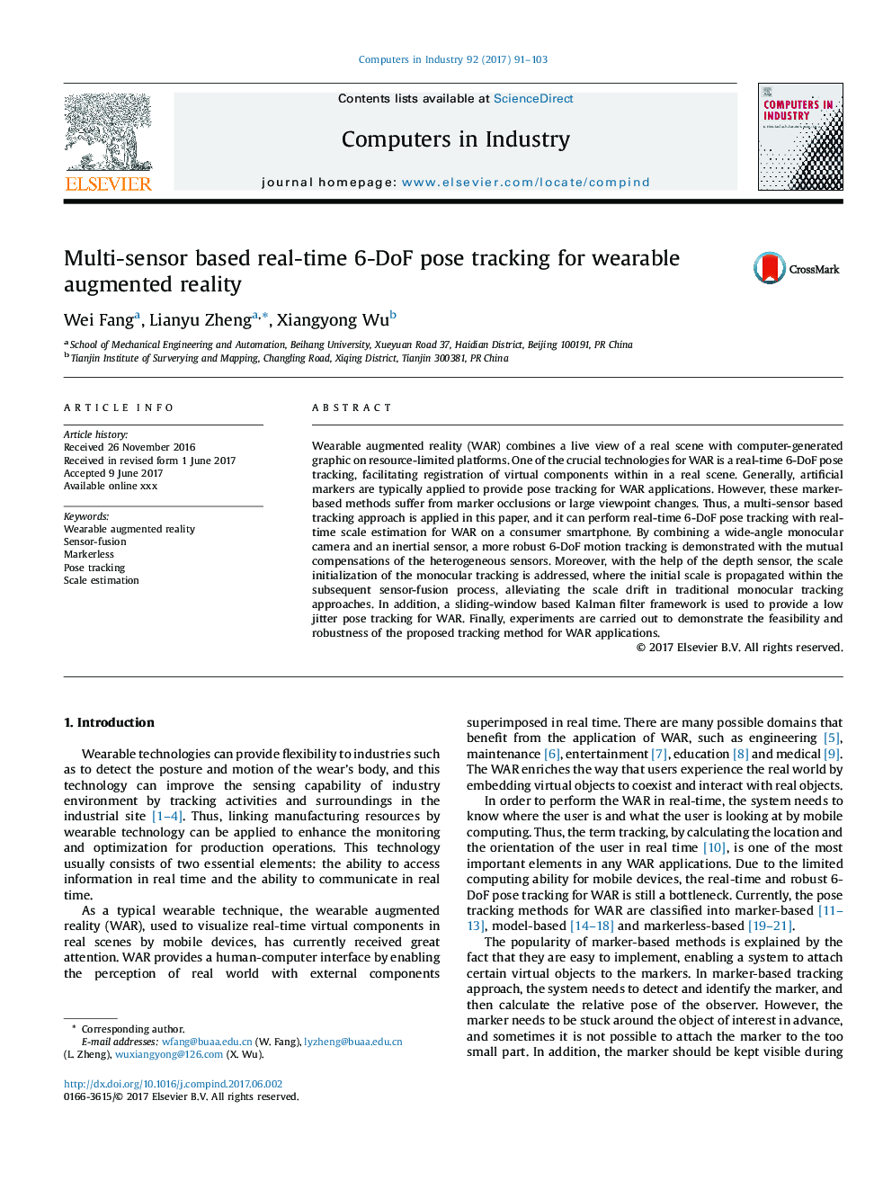 Multi-sensor based real-time 6-DoF pose tracking for wearable augmented reality