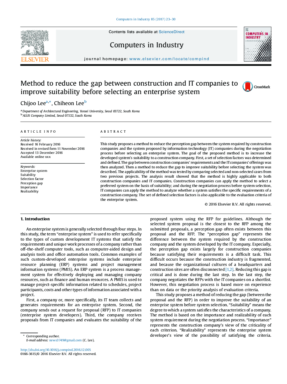 Method to reduce the gap between construction and IT companies to improve suitability before selecting an enterprise system