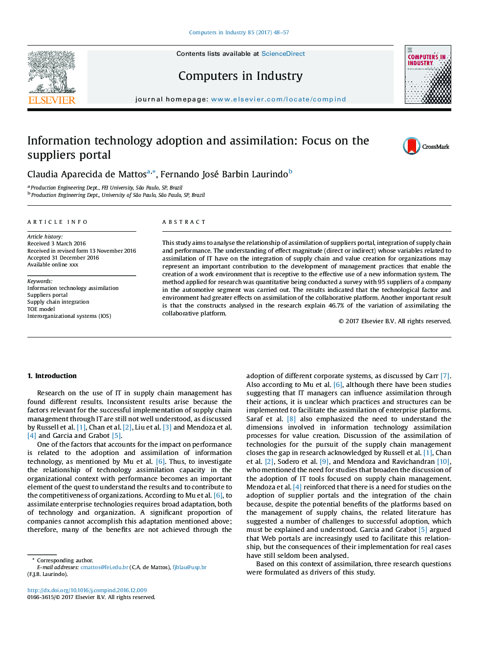 Information technology adoption and assimilation: Focus on the suppliers portal