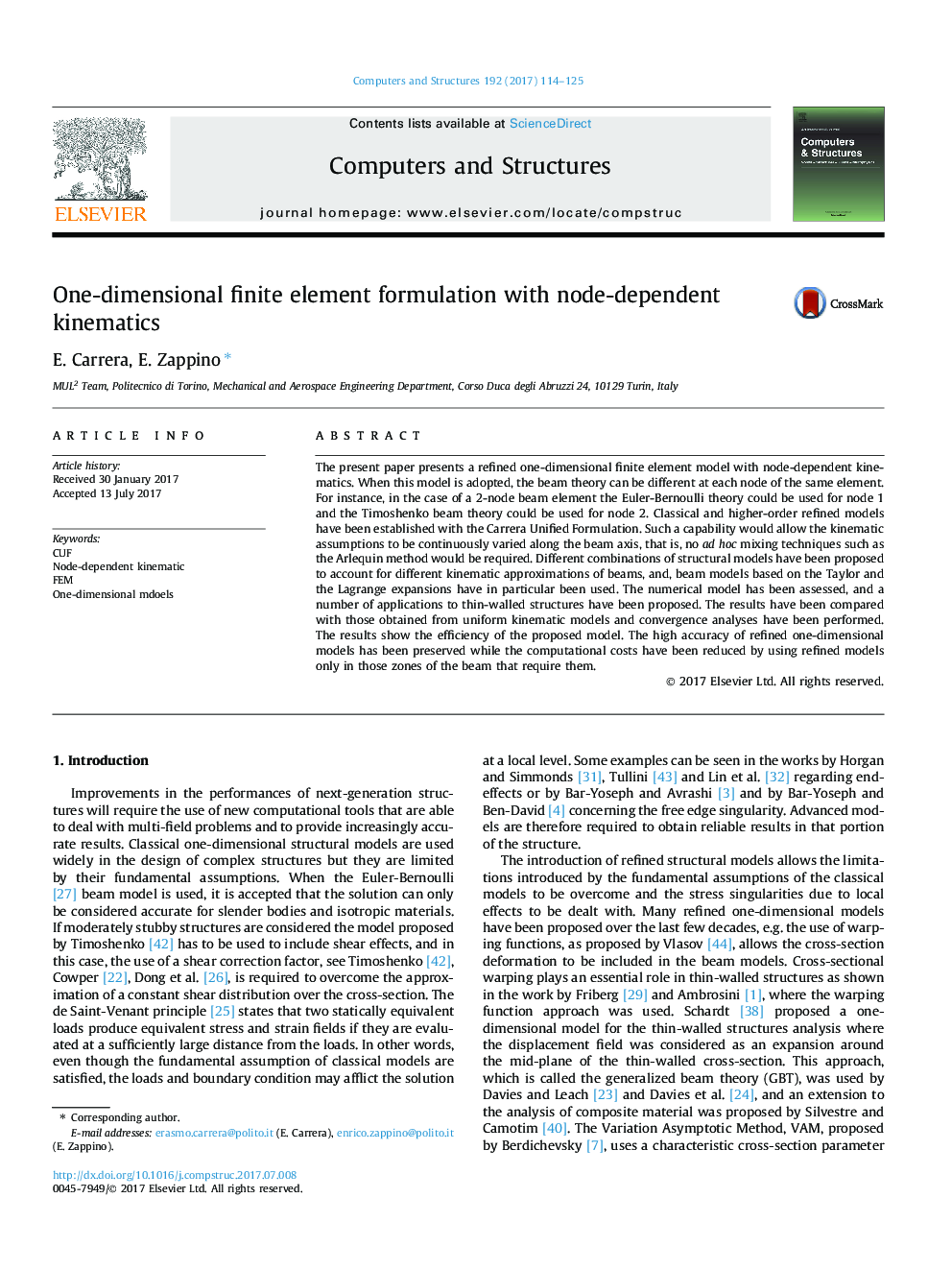 One-dimensional finite element formulation with node-dependent kinematics