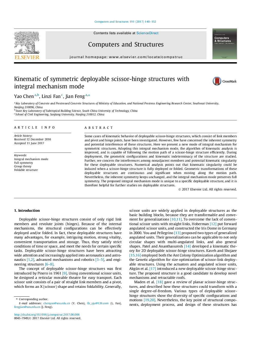 Kinematic of symmetric deployable scissor-hinge structures with integral mechanism mode