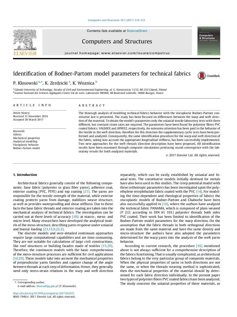 Identification of Bodner-Partom model parameters for technical fabrics