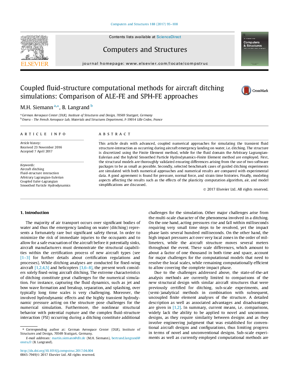 Coupled fluid-structure computational methods for aircraft ditching simulations: Comparison of ALE-FE and SPH-FE approaches