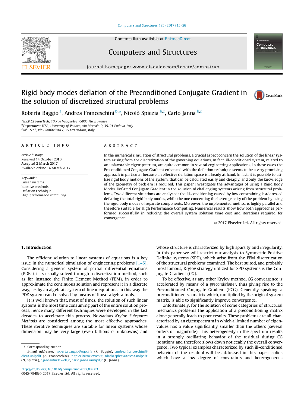 Rigid body modes deflation of the Preconditioned Conjugate Gradient in the solution of discretized structural problems