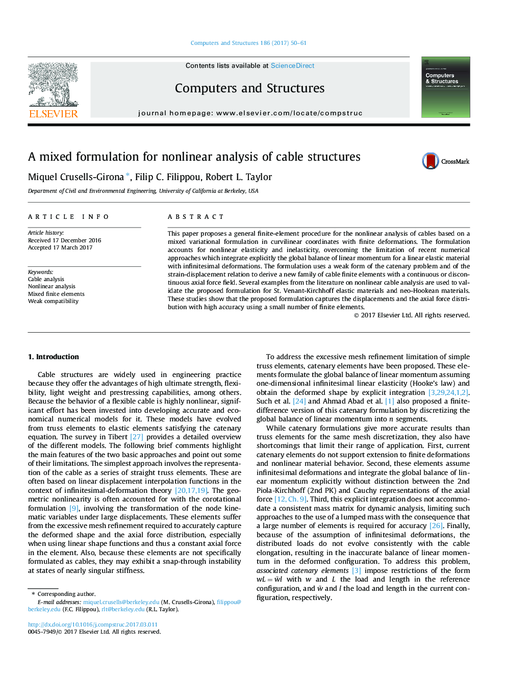 A mixed formulation for nonlinear analysis of cable structures