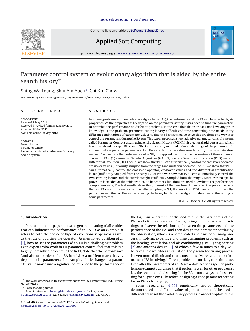 Parameter control system of evolutionary algorithm that is aided by the entire search history 