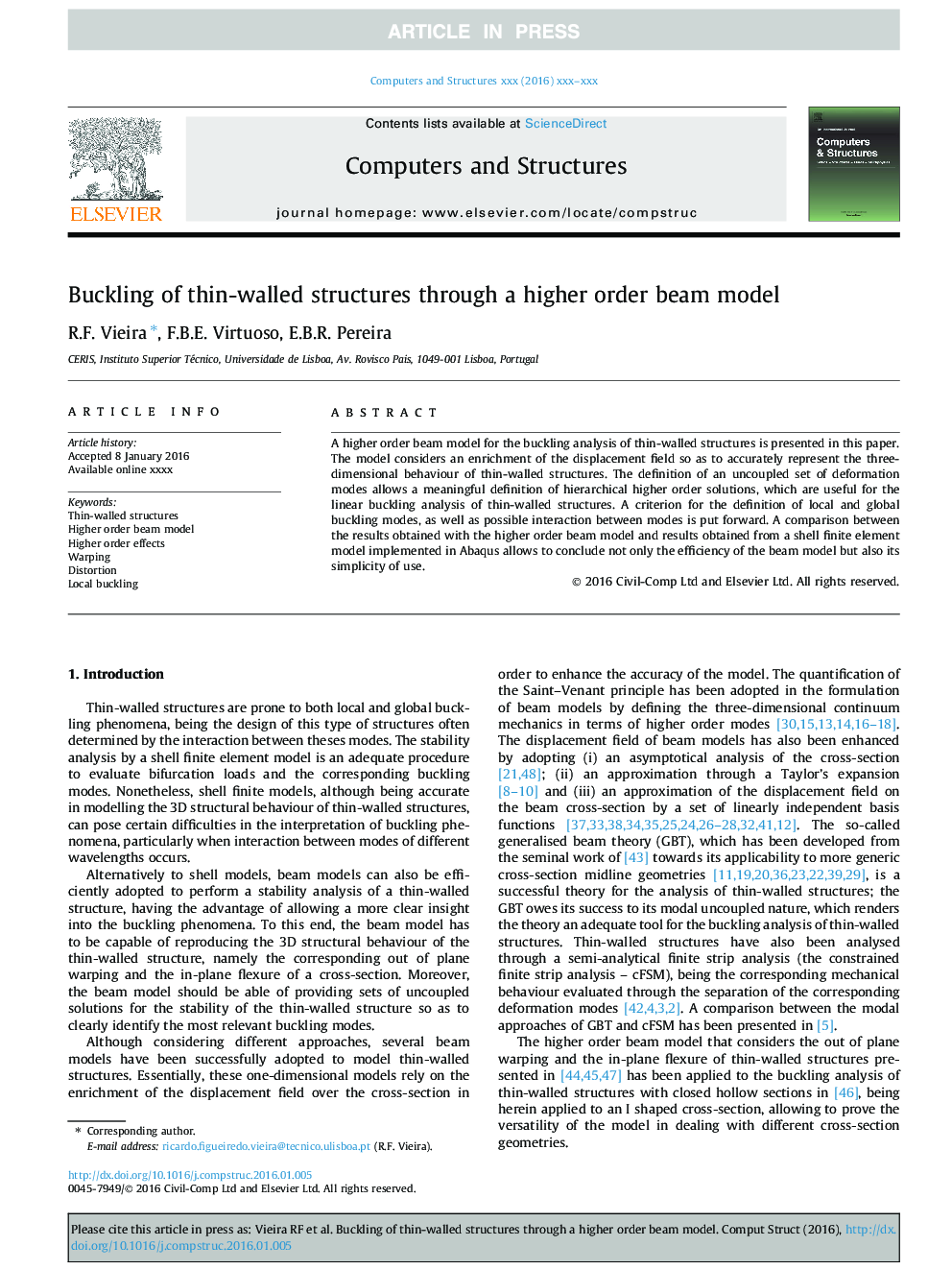 Buckling of thin-walled structures through a higher order beam model