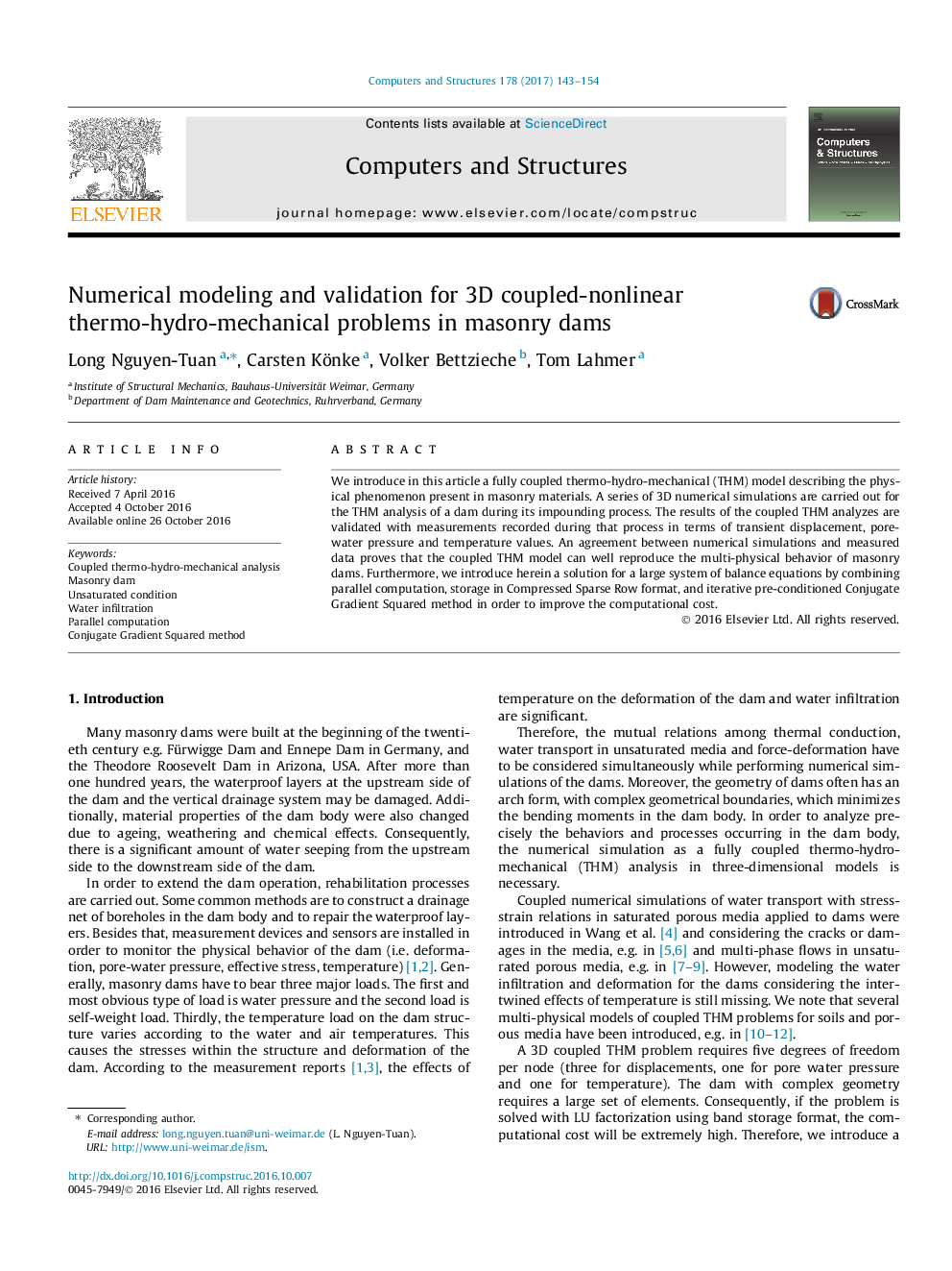 Numerical modeling and validation for 3D coupled-nonlinear thermo-hydro-mechanical problems in masonry dams