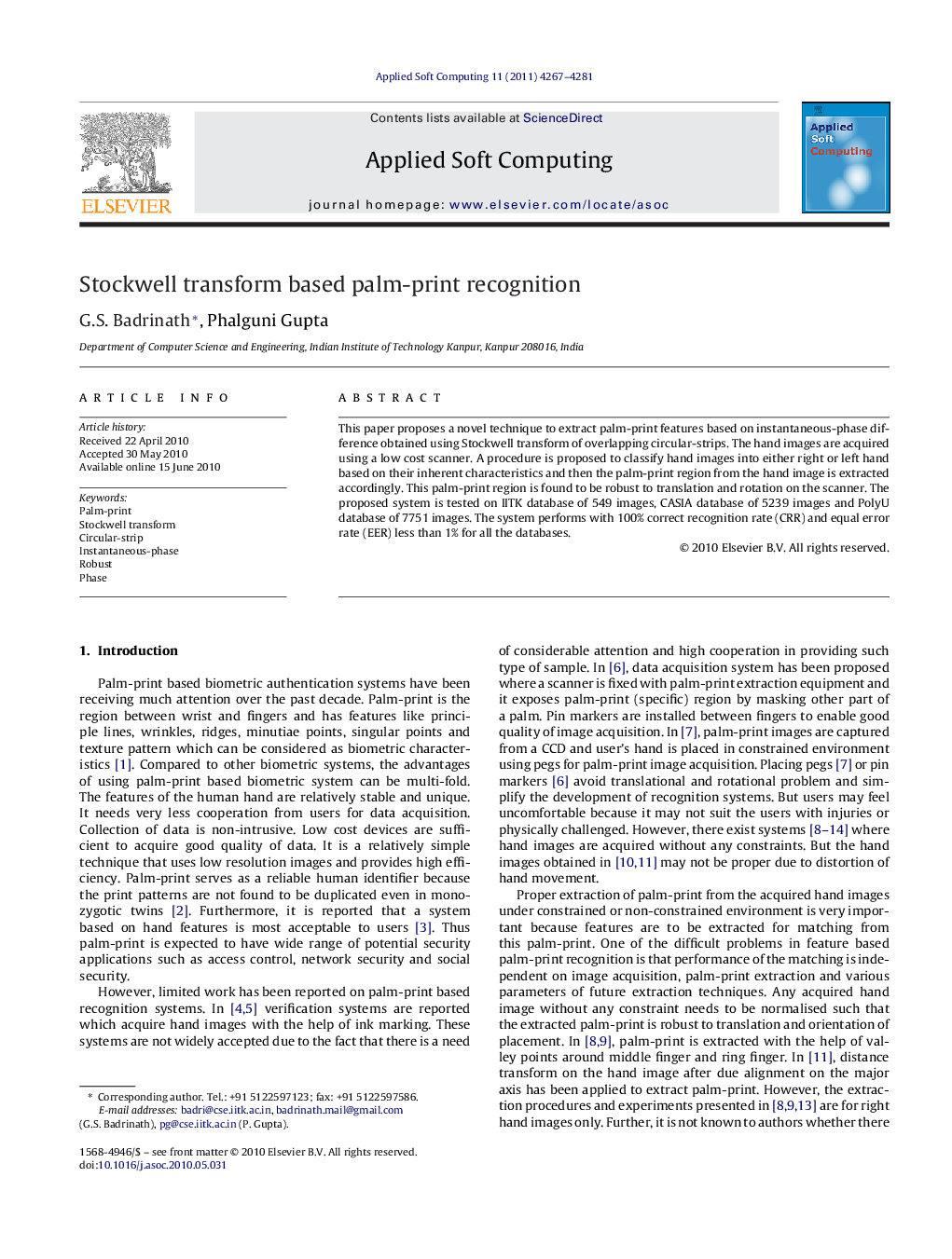 Stockwell transform based palm-print recognition