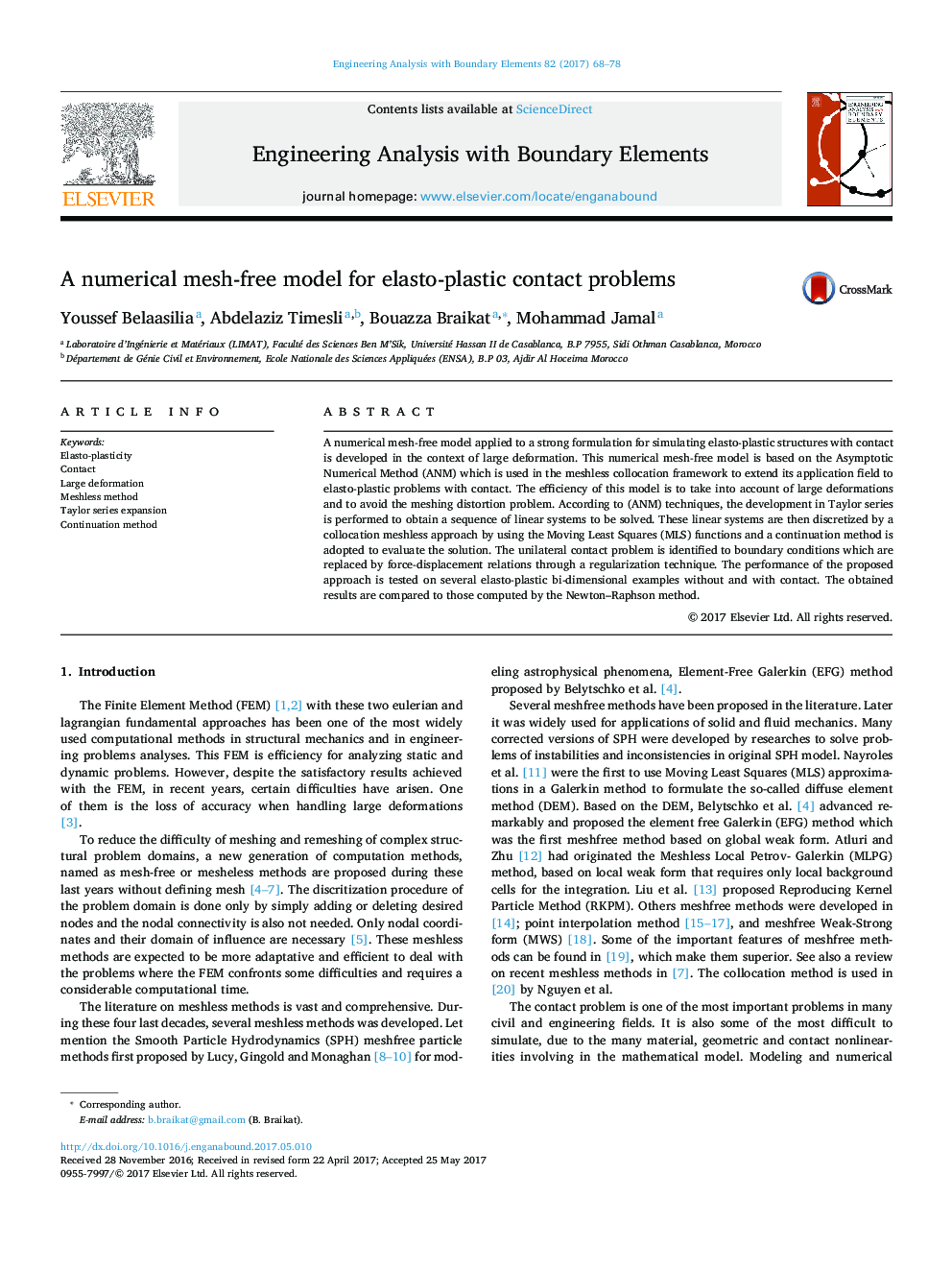 A numerical mesh-free model for elasto-plastic contact problems