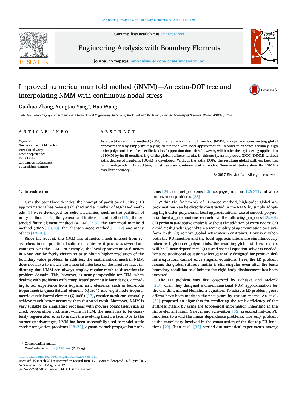 Improved numerical manifold method (iNMM)-An extra-DOF free and interpolating NMM with continuous nodal stress