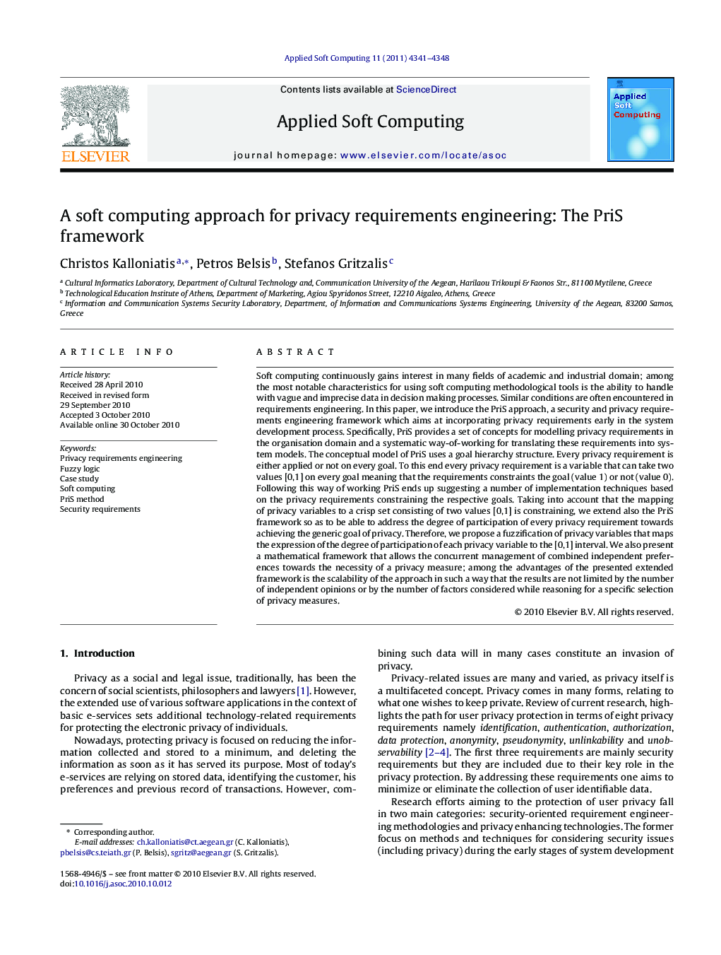 A soft computing approach for privacy requirements engineering: The PriS framework