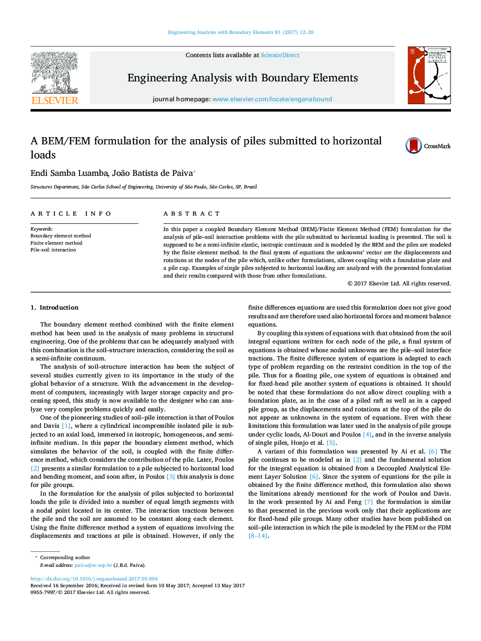 A BEM/FEM formulation for the analysis of piles submitted to horizontal loads