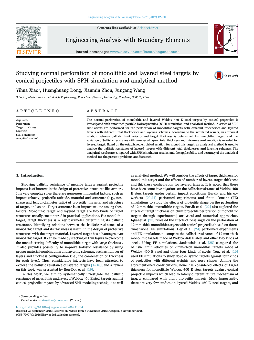 Studying normal perforation of monolithic and layered steel targets by conical projectiles with SPH simulation and analytical method