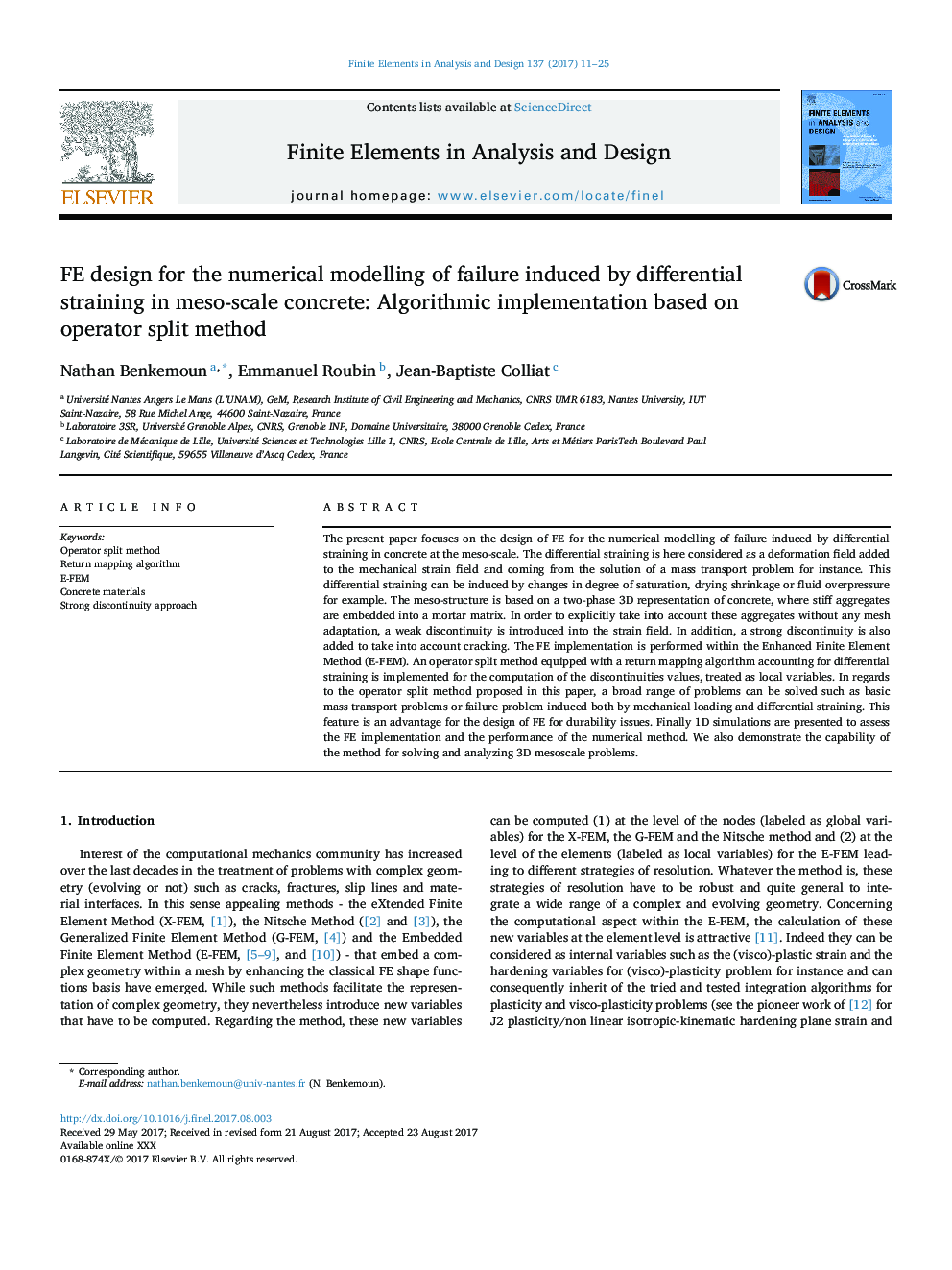 FE design for the numerical modelling of failure induced by differential straining in meso-scale concrete: Algorithmic implementation based on operator split method
