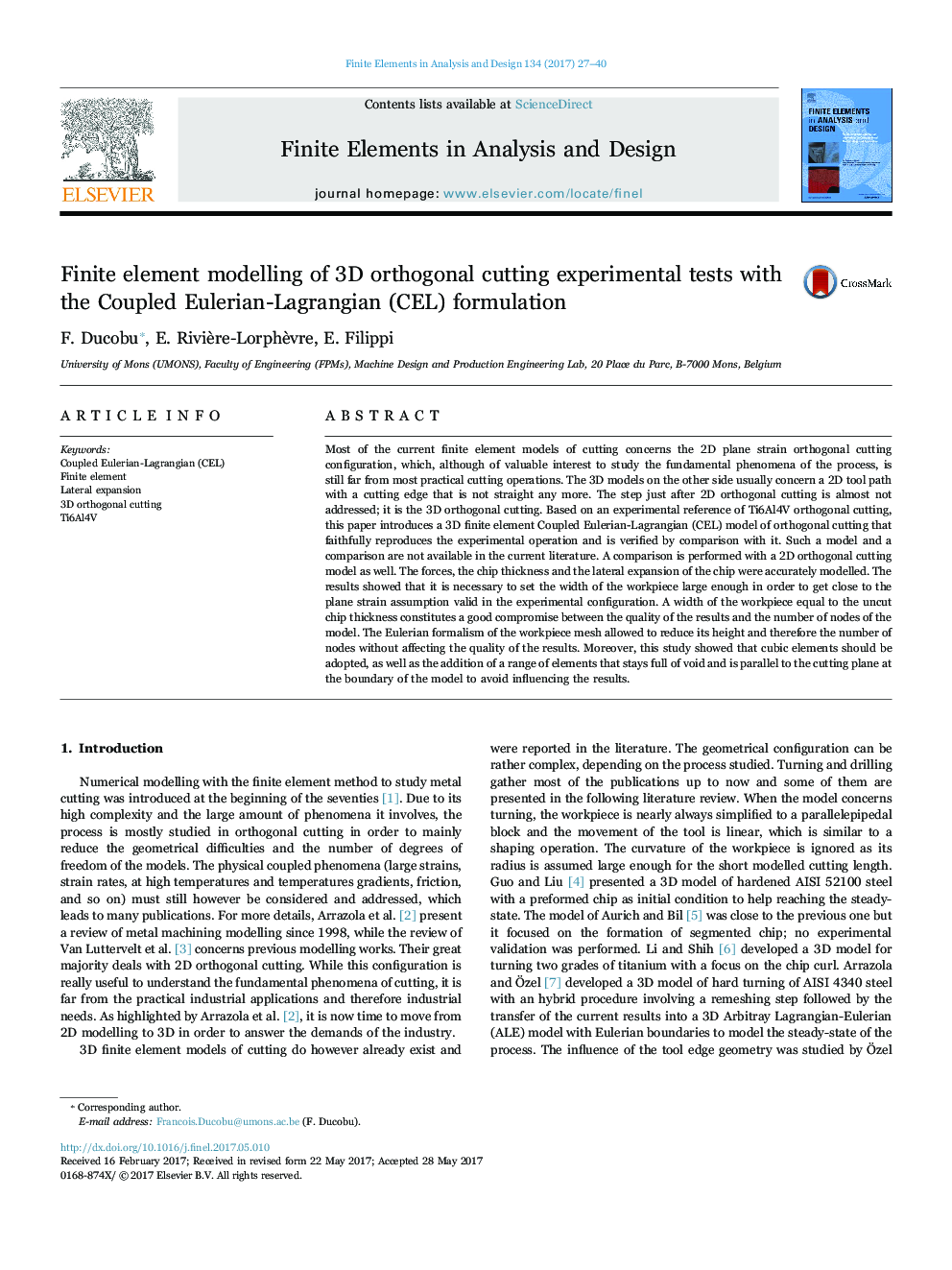 Finite element modelling of 3D orthogonal cutting experimental tests with the Coupled Eulerian-Lagrangian (CEL) formulation