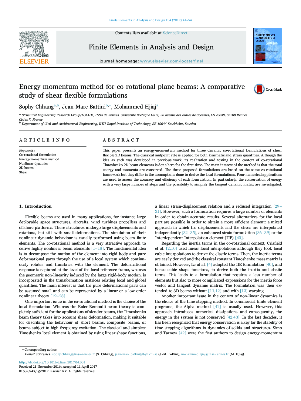 Energy-momentum method for co-rotational plane beams: A comparative study of shear flexible formulations