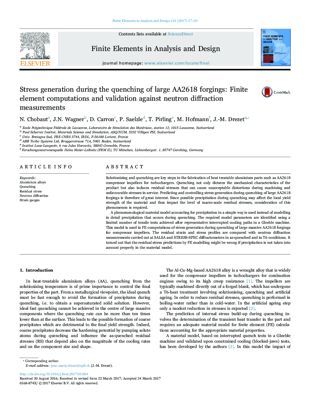 Stress generation during the quenching of large AA2618 forgings: Finite element computations and validation against neutron diffraction measurements