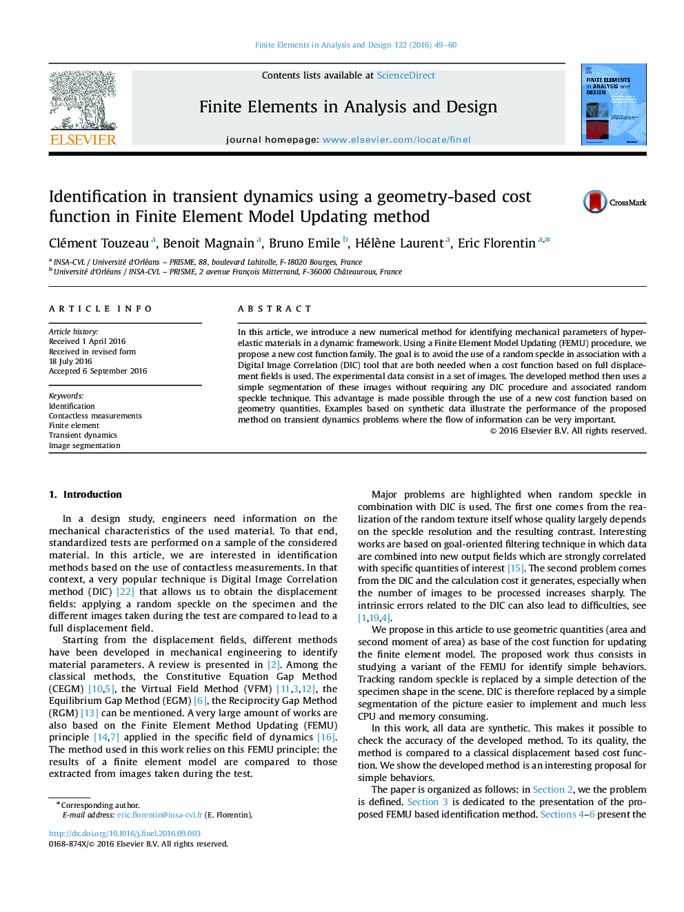 Identification in transient dynamics using a geometry-based cost function in Finite Element Model Updating method