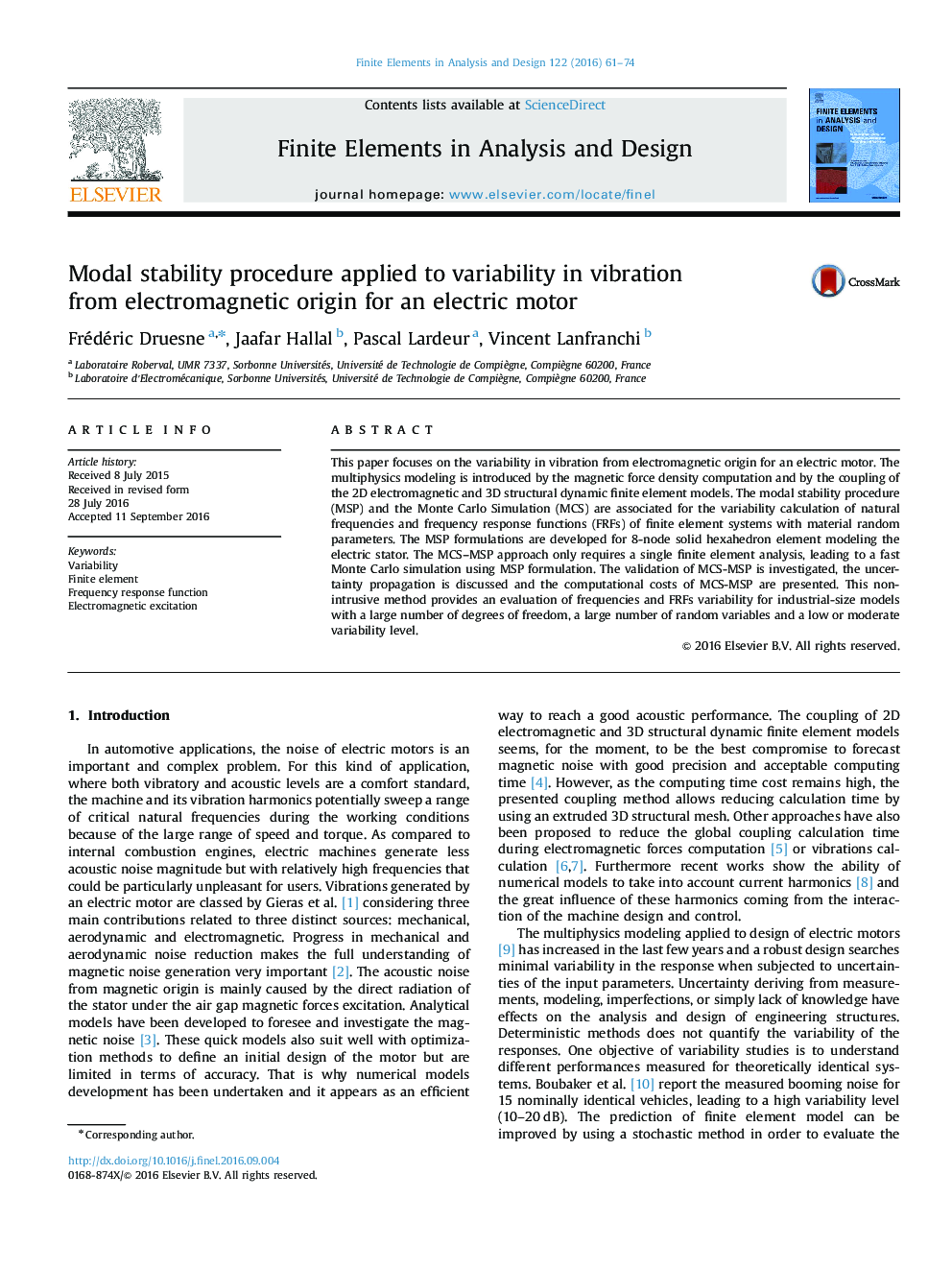 Modal stability procedure applied to variability in vibration from electromagnetic origin for an electric motor