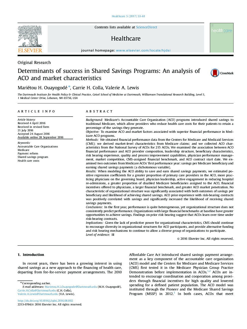 Determinants of success in Shared Savings Programs: An analysis of ACO and market characteristics