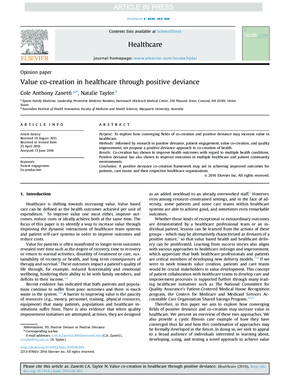 Value co-creation in healthcare through positive deviance