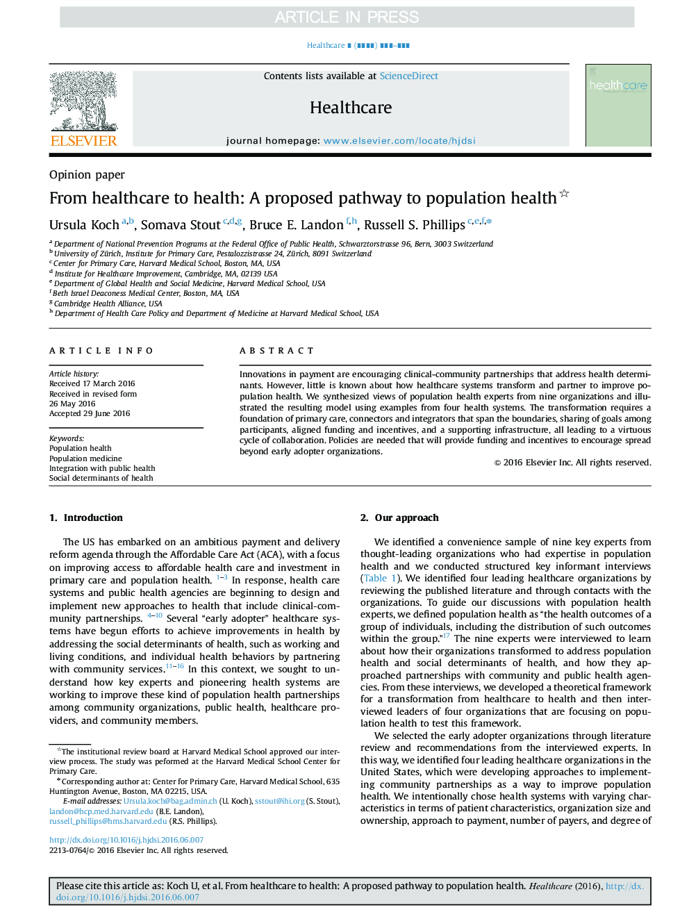 From healthcare to health: A proposed pathway to population health