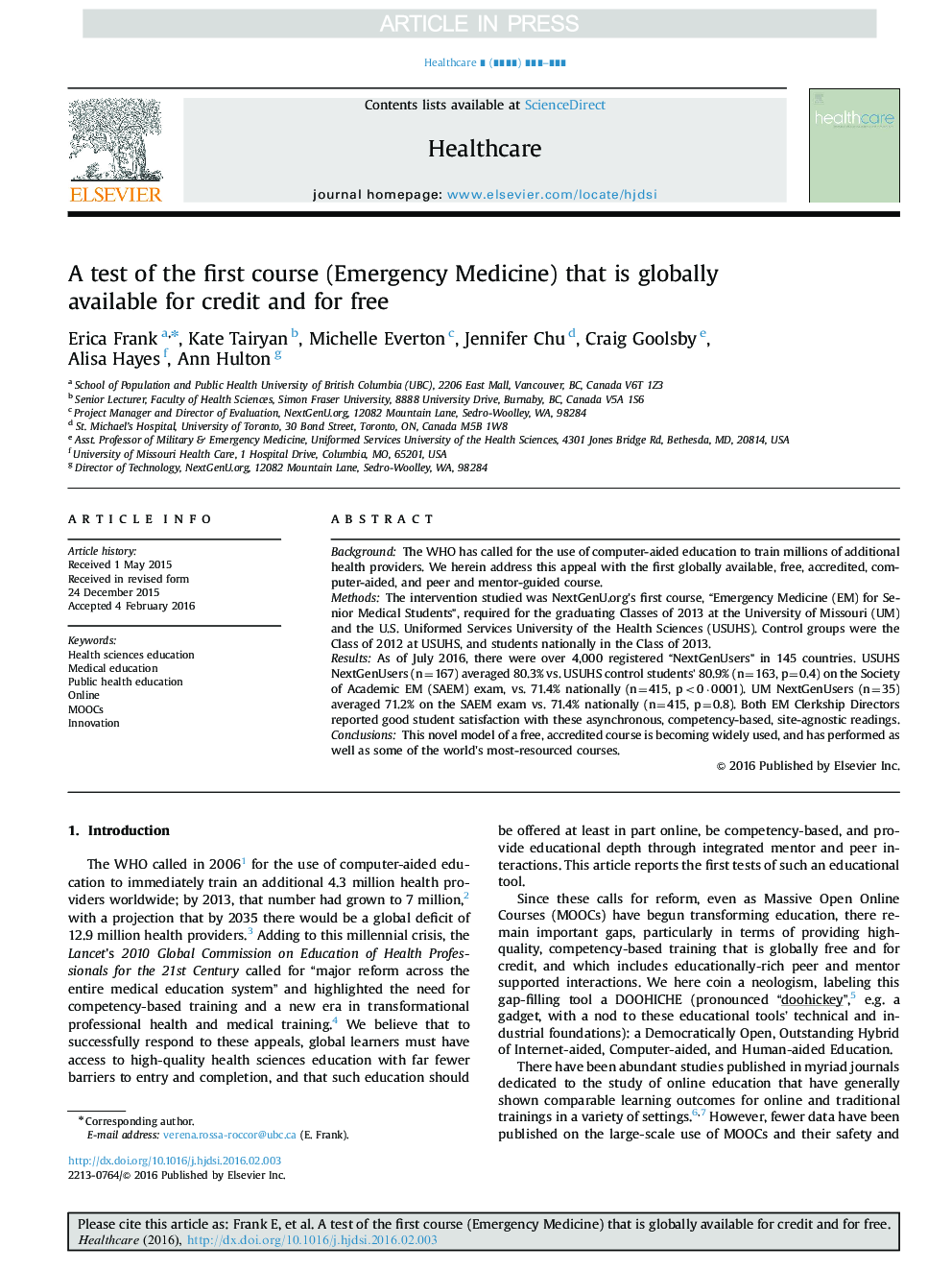 A test of the first course (Emergency Medicine) that is globally available for credit and for free