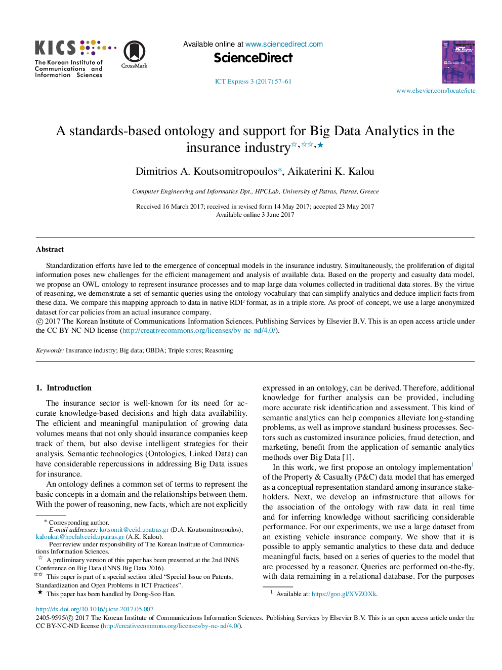 âA standards-based ontology and support for Big Data Analytics in the insurance industry
            
         