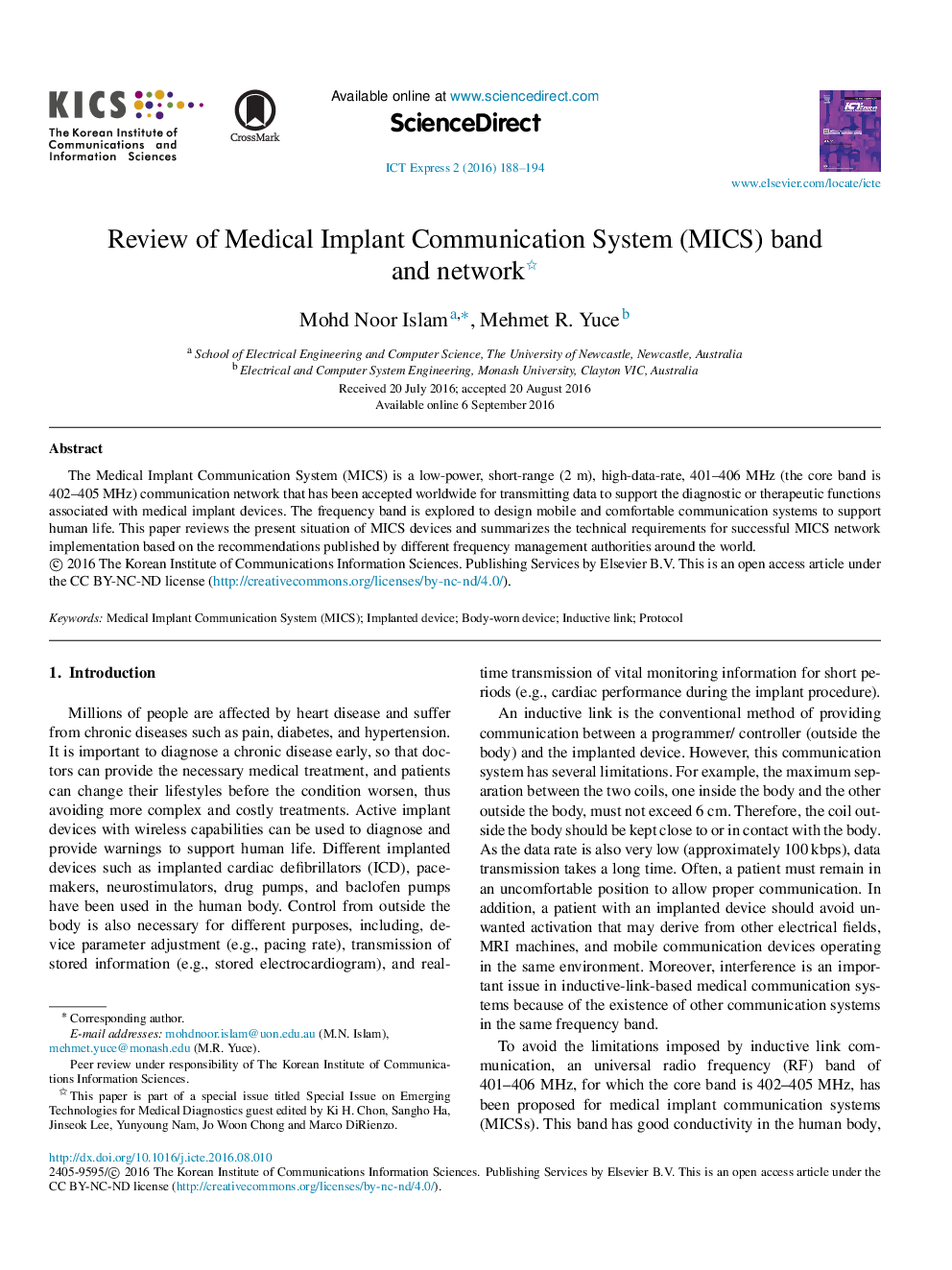 Review of Medical Implant Communication System (MICS) band and network