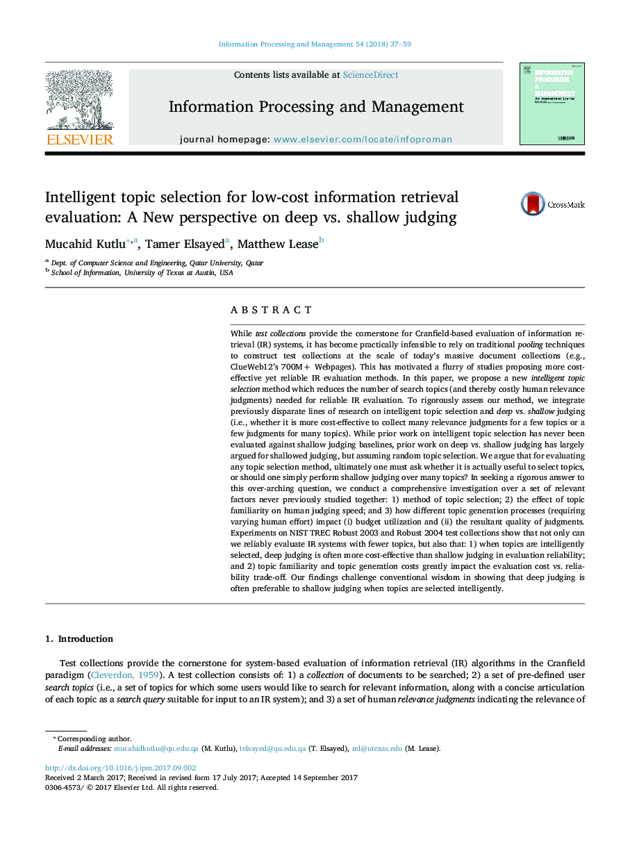 Intelligent topic selection for low-cost information retrieval evaluation: A New perspective on deep vs. shallow judging