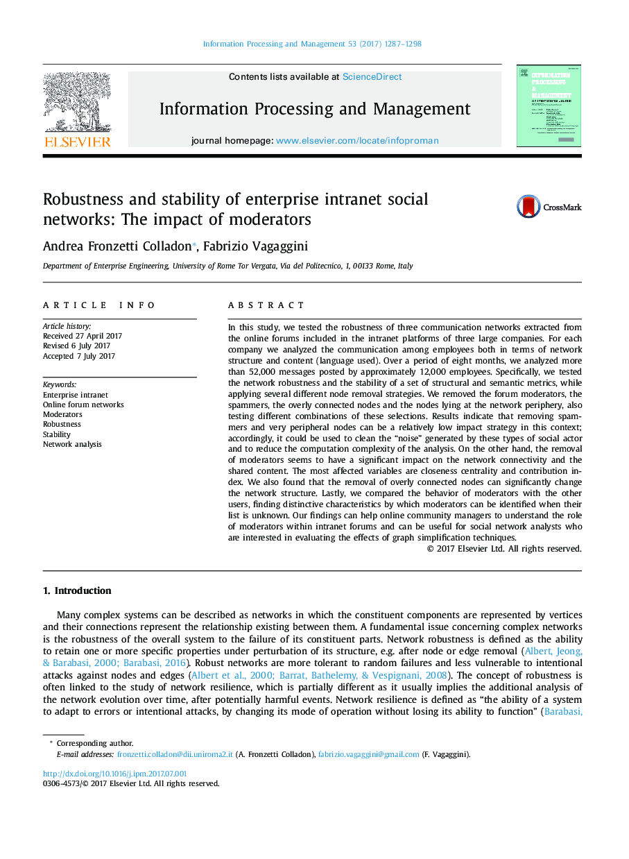 Robustness and stability of enterprise intranet social networks: The impact of moderators