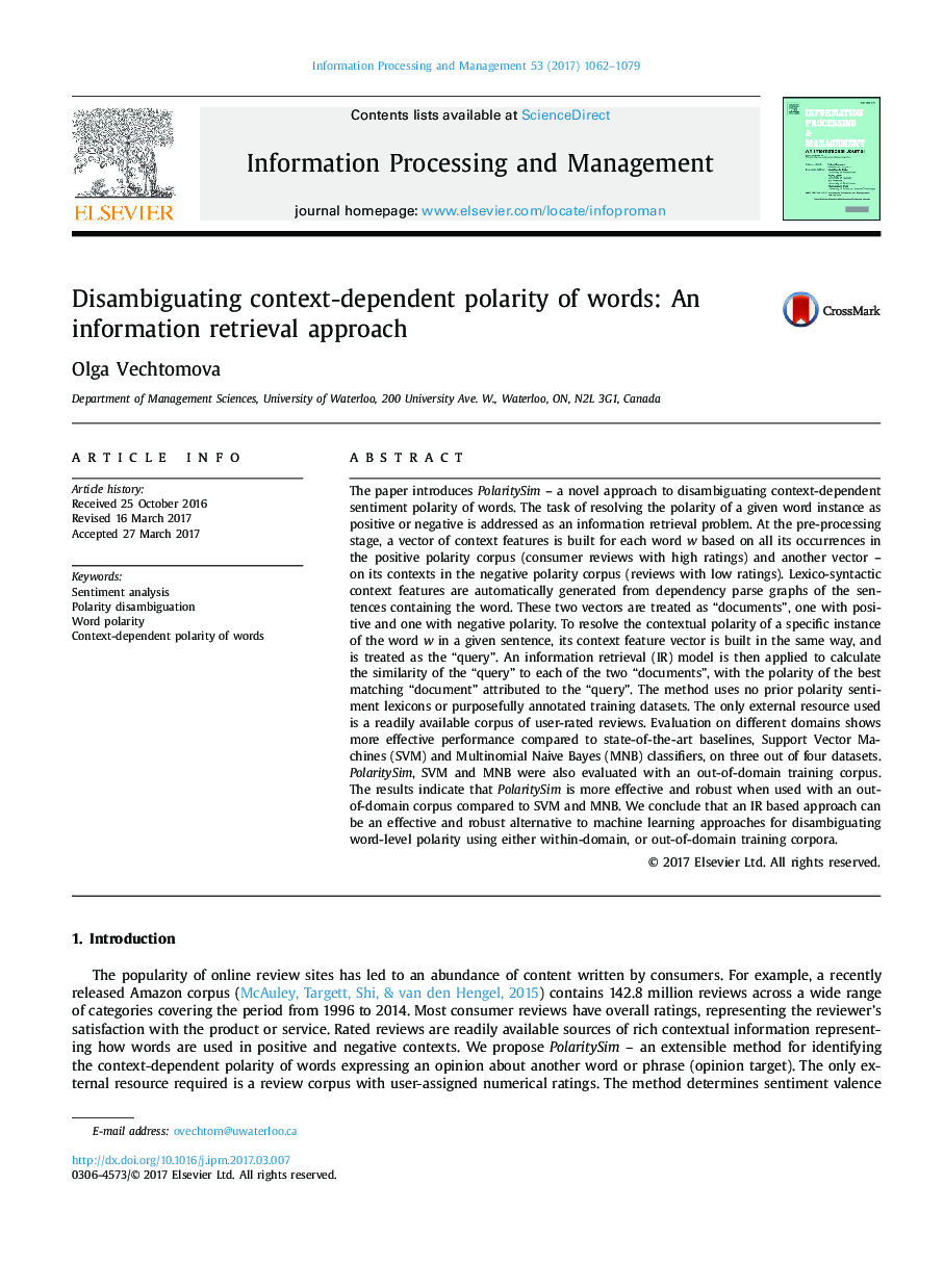 Disambiguating context-dependent polarity of words: An information retrieval approach