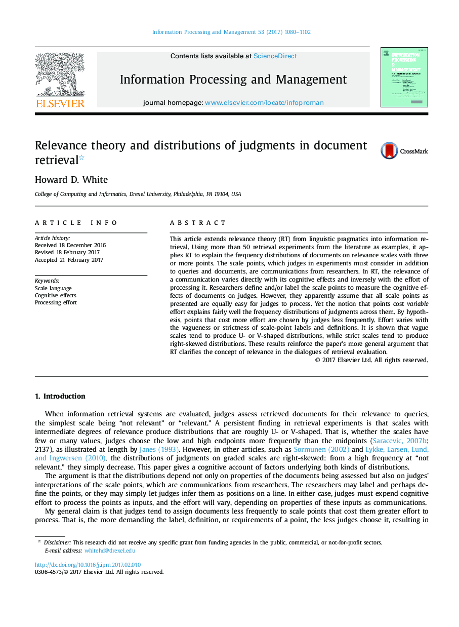 Relevance theory and distributions of judgments in document retrieval