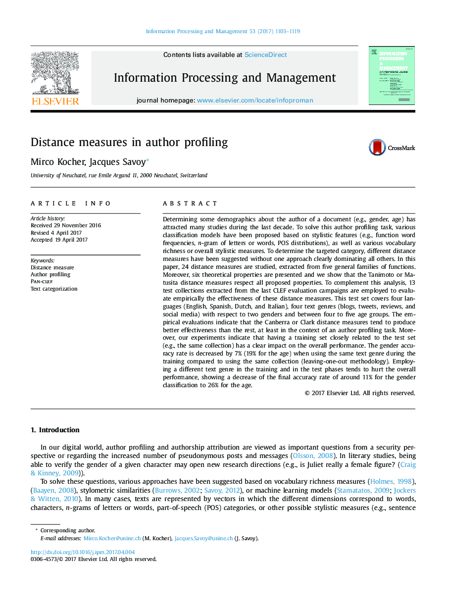 Distance measures in author profiling