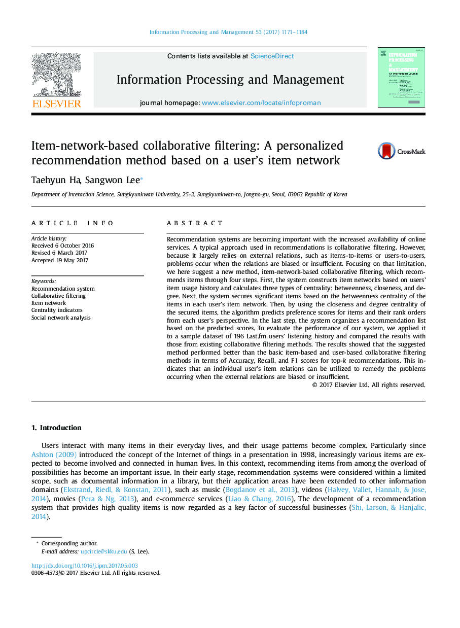 Item-network-based collaborative filtering: A personalized recommendation method based on a user's item network