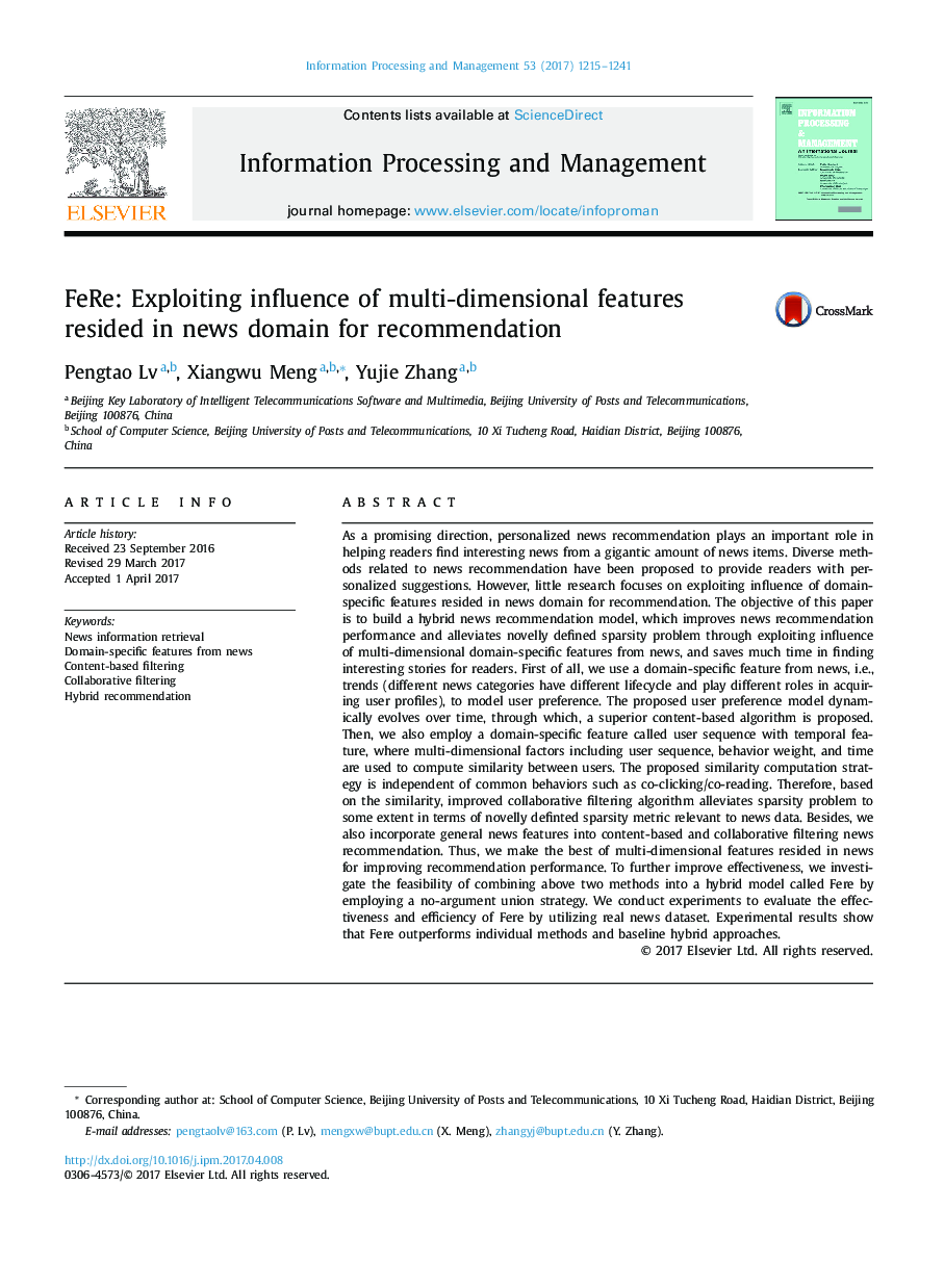FeRe: Exploiting influence of multi-dimensional features resided in news domain for recommendation