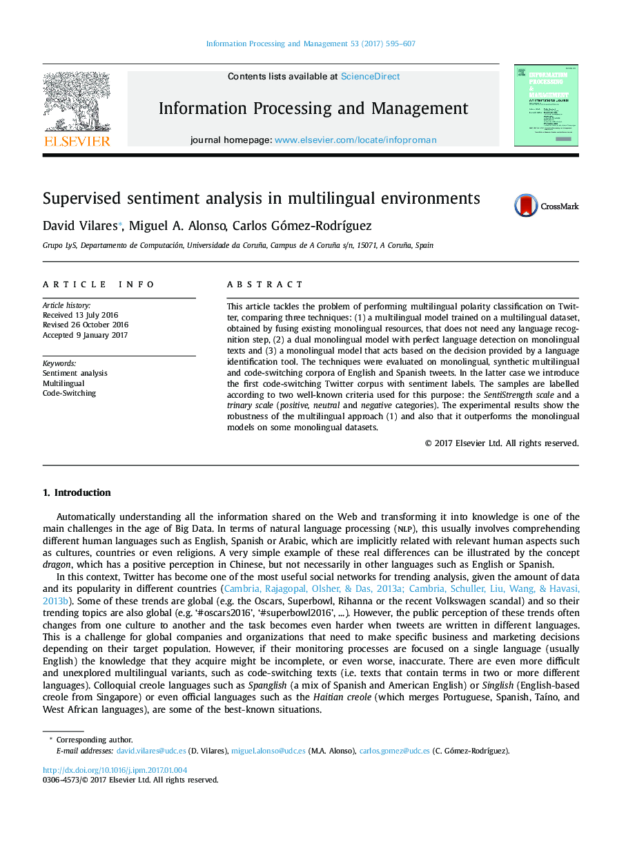 Supervised sentiment analysis in multilingual environments