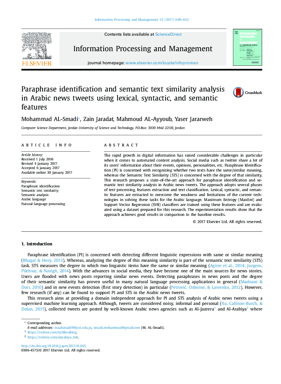 Paraphrase identification and semantic text similarity analysis in Arabic news tweets using lexical, syntactic, and semantic features