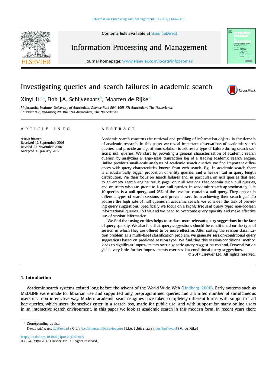 Investigating queries and search failures in academic search