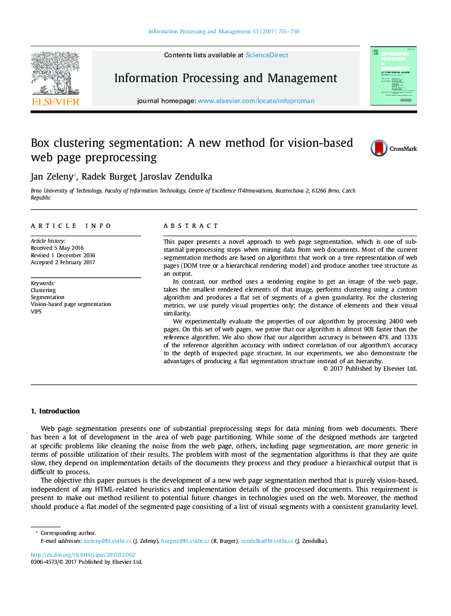 Box clustering segmentation: A new method for vision-based web page preprocessing