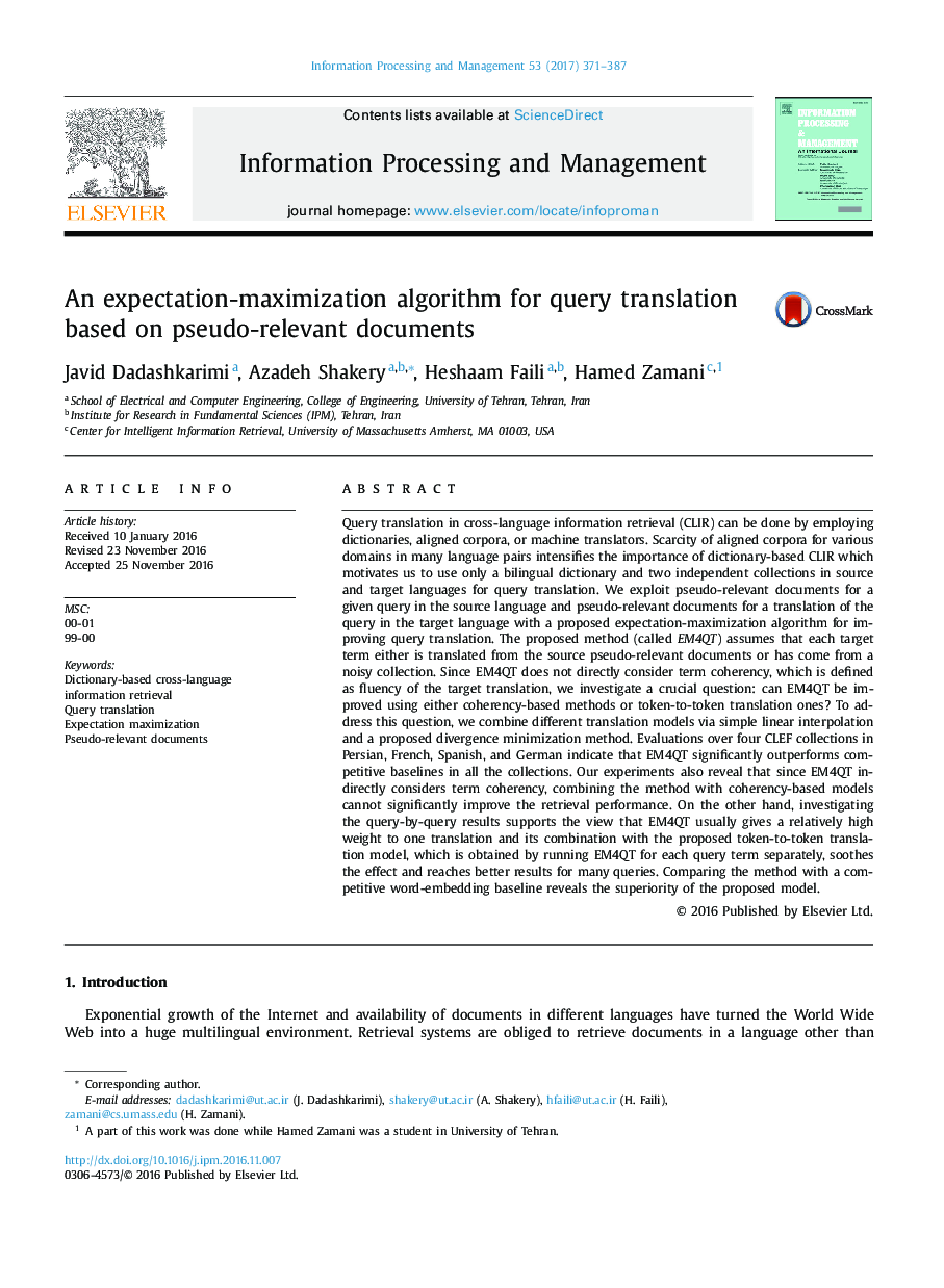 An expectation-maximization algorithm for query translation based on pseudo-relevant documents