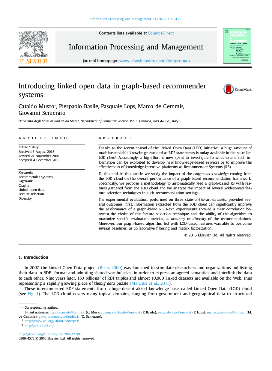 Introducing linked open data in graph-based recommender systems