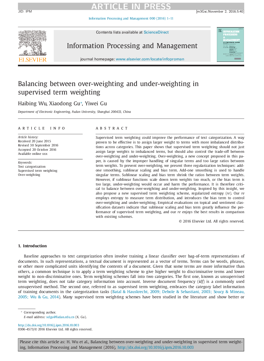 Balancing between over-weighting and under-weighting in supervised term weighting