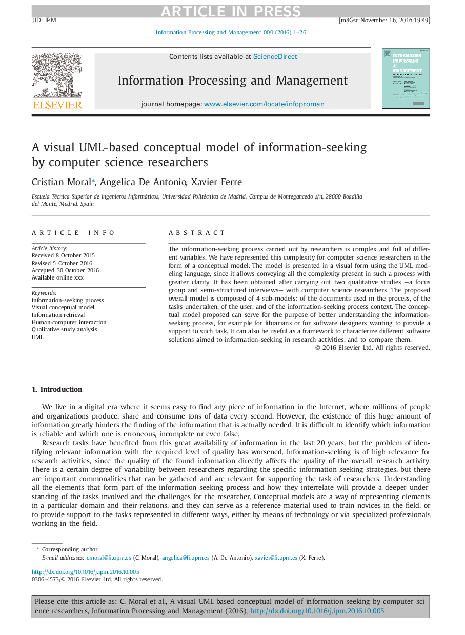 عکس صفحه اول مقاله: A visual UML-based conceptual model of information-seeking by computer science researchers A visual UML-based conceptual model of information-seeking by computer science researchers